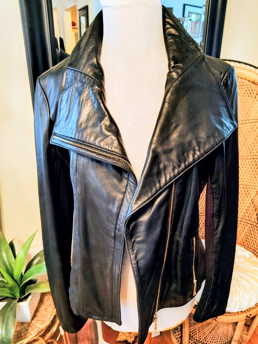 Tahari Black Leather Asymmetric Moto Jacket with Gold Zippers